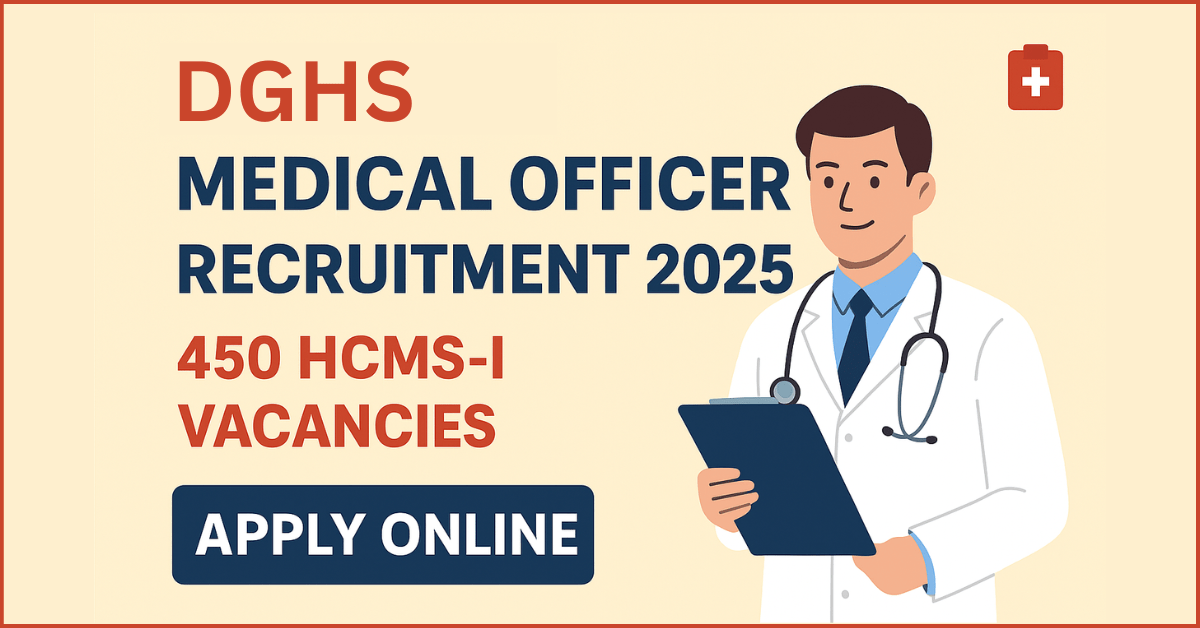 Haryana Medical Officer Recruitment 2025 advertisement showing a doctor, 450 HCMS-I Vacancies, and a call to Apply Online.