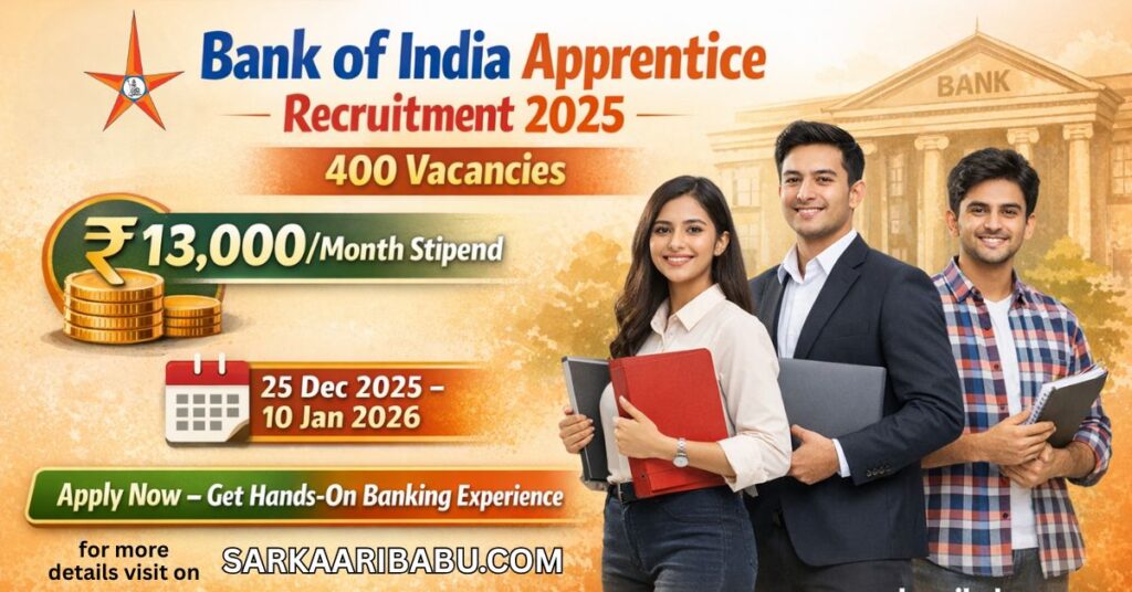 Bank of India Apprentice Recruitment 2025 poster showing 400 vacancies, 13000 stipend, and application dates from 25 Dec 2025 to 10 Jan 2026.