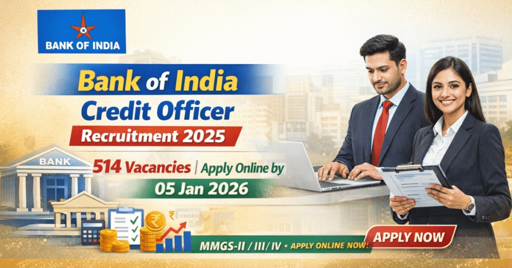 Bank of India Credit Officer Recruitment 2025 का आधिकारिक बैनर, जिसमें 514 वैकेंसी और ऑनलाइन आवेदन की अंतिम तिथि 05 Jan 2026 दिखाई गई है।