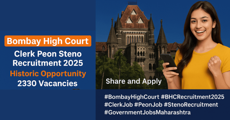 Image promoting Bombay High Court Clerk Peon Steno Recruitment 2025 for 2330 vacancies, featuring the BHC building and a smiling applicant.