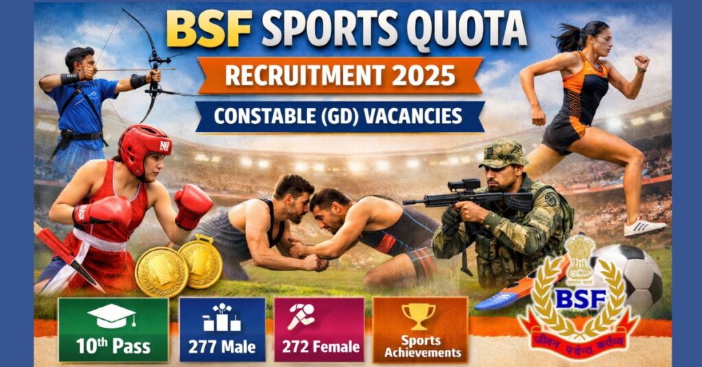 BSF Sports Quota Recruitment 2025 poster for Constable (GD) vacancies, showing athletes in archery, boxing, wrestling, running, and a BSF soldier. The text highlights '10th Pass', '277 Male', '272 Female', and 'Sports Achievements' along with the BSF logo.