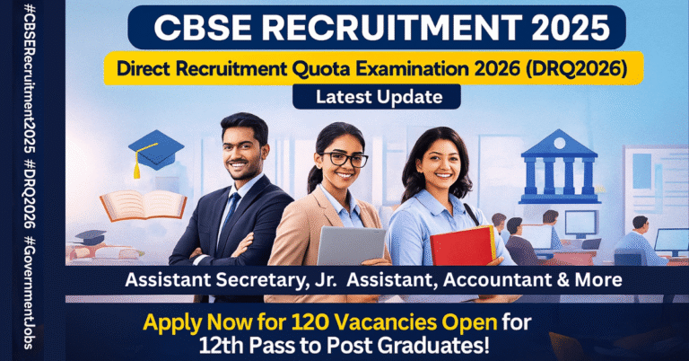 CBSE Recruitment 2025 – Direct Recruitment Quota Examination 2026 (DRQ2026) का विज्ञापन। तीन प्रोफेशनल उम्मीदवार मुस्कुरा रहे हैं। आवेदन की तारीखें 02 दिसंबर 2025 से 22 दिसंबर 2025 तक हैं।