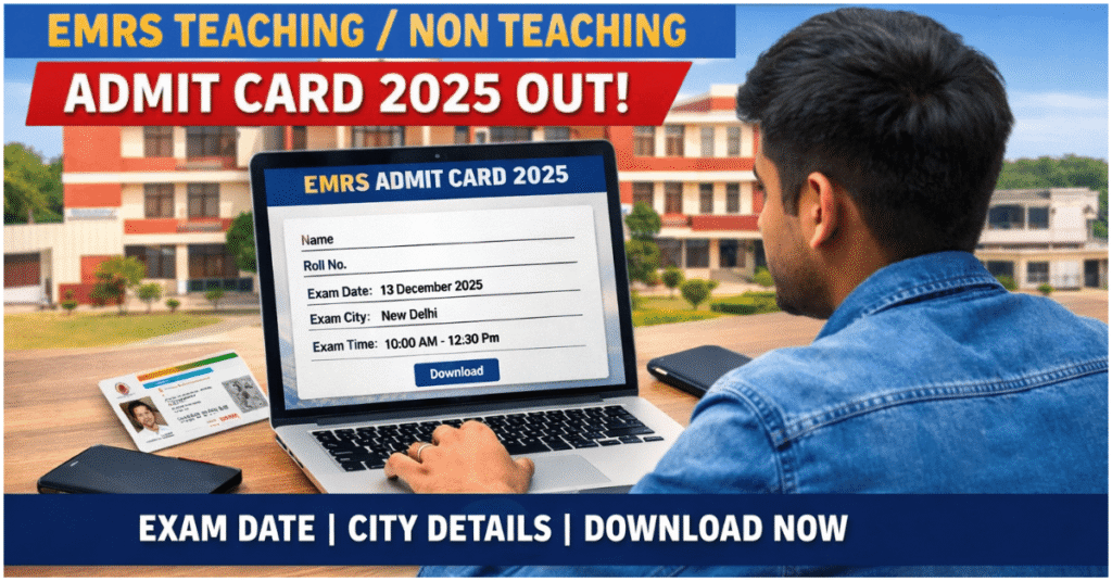 EMRS Teaching and Non Teaching Admit Card 2025 download portal showing exam date and city details.
