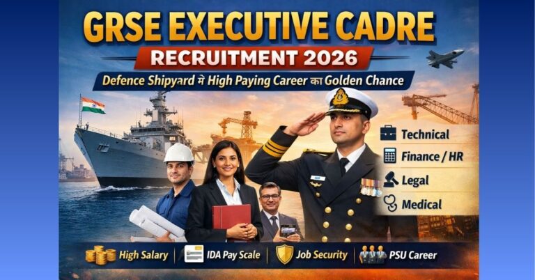 GRSE Executive Cadre Recruitment 2026 banner showing a warship, naval officer, and professionals for technical and HR jobs.