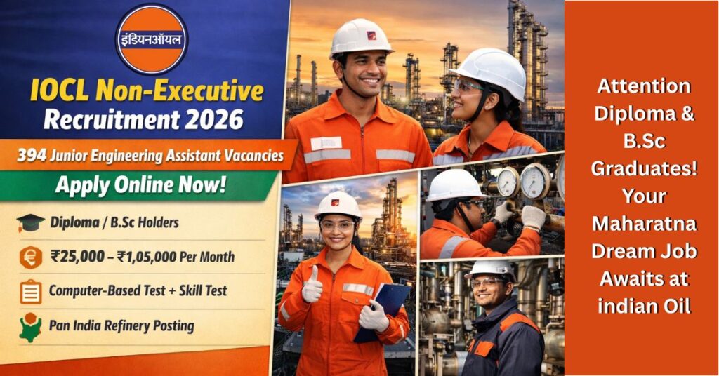 Banner for IOCL Non-Executive Recruitment 2026 highlighting 394 Junior Engineering Assistant vacancies for Diploma and B.Sc holders with a salary range of ₹25,000 to ₹1,05,000.