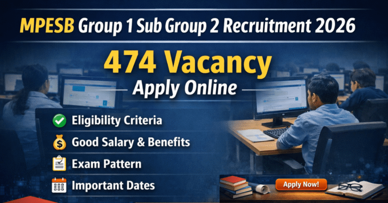 MPESB Group 1 Sub Group 2 Recruitment 2026 banner showing 474 vacancies with details on eligibility, salary, and exam pattern.