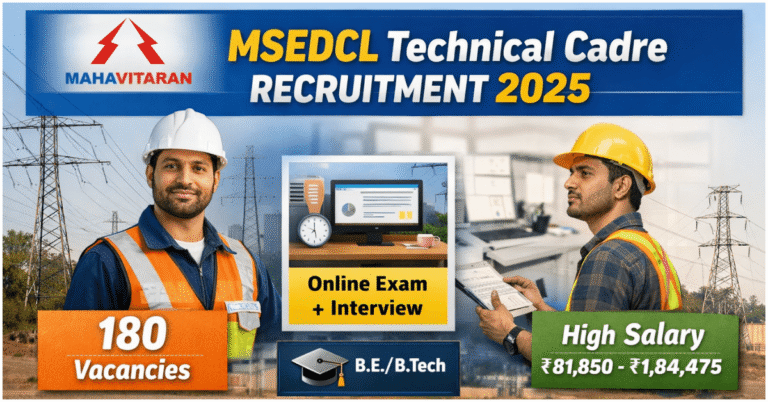 MSEDCL Technical Cadre Recruitment 2025 banner showing 180 B.E./B.Tech vacancies, salary range of ₹81,850 to ₹1,84,475, and selection via Online Exam + Interview. The image features the Mahavitaran (MSEDCL) logo and two engineers in safety gear.