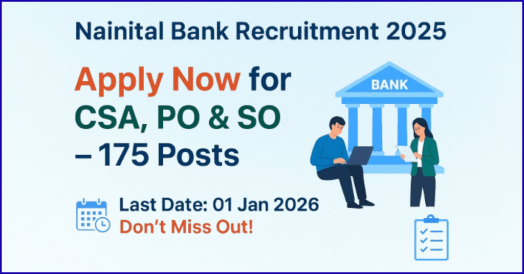 Nainital Bank clerk po so Recruitment 2025: 175 पदों के लिए आवेदन करें। अंतिम तिथि 01 जनवरी 2026 है। बैंक की इमारत के सामने लैपटॉप पर काम करते हुए और डॉक्यूमेंट चेक करते हुए उम्मीदवारों को दर्शाया गया है।