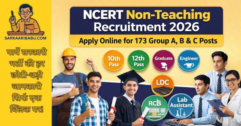 Banner for NCERT Non-Teaching Recruitment 2026 showing 173 Group A, B, and C posts. Eligibility includes 10th Pass, 12th Pass, Graduates, and Engineers for roles like LDC, Lab Assistant, and RCB.