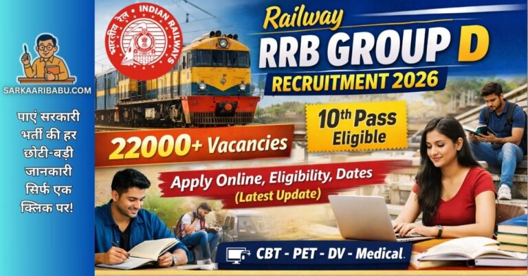 Railway RRB Group D Recruitment 2026 notification for 22000+ vacancies for 10th pass candidates showing selection process CBT, PET, DV, and Medical.