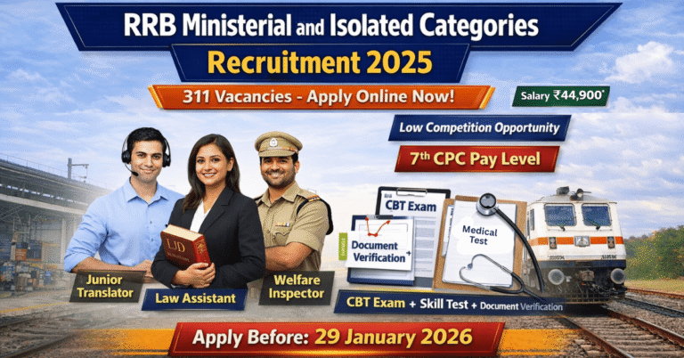 "Poster for RRB Ministerial and Isolated Categories Recruitment 2025, announcing 311 vacancies for Junior Translator, Law Assistant, and Welfare Inspector with a salary of ₹44,900. The selection process includes CBT, Skill Test, and Document Verification. Apply before January 29, 2026."
