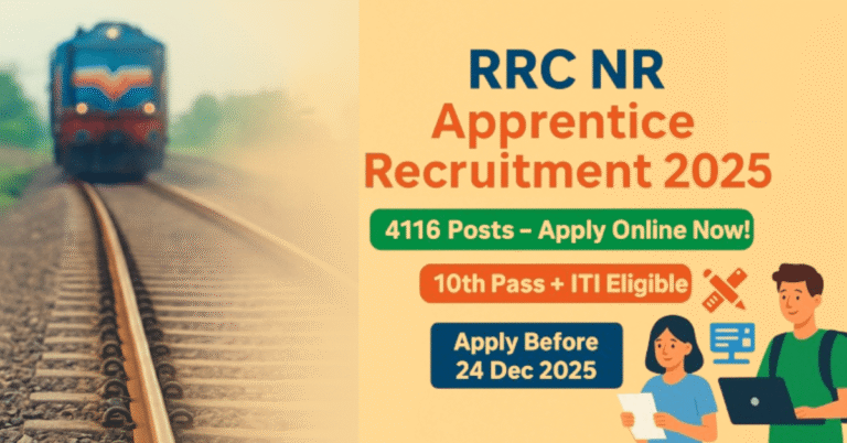 RRC NR Apprentice Recruitment 2025 notification graphic showing 4116 posts, 10th Pass + ITI eligibility, and a deadline of 24 Dec 2025.