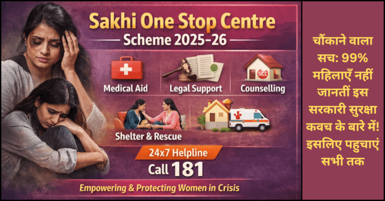 sakhi one stop center योजना 2025-26 का विज्ञापन। इसमें मेडिकल, कानूनी सहायता, परामर्श, आश्रय और 24x7 हेल्पलाइन 181 की जानकारी है। अंग्रेज़ी: Advertisement for Sakhi One Stop Centre Scheme 2025-26, showing services like Medical Aid, Legal Support, Counselling, Shelter & Rescue, and the 24x7 Helpline 181.
