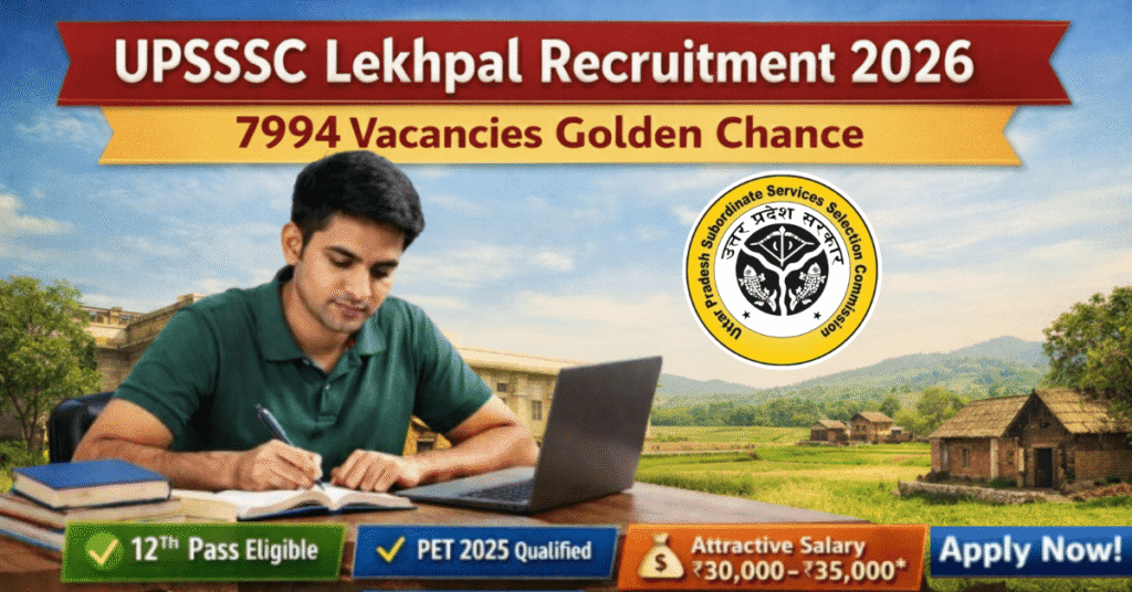 UPSSSC Lekhpal Recruitment 2026 notification banner showing 7994 vacancies, eligibility 12th pass and PET 2025 qualified.