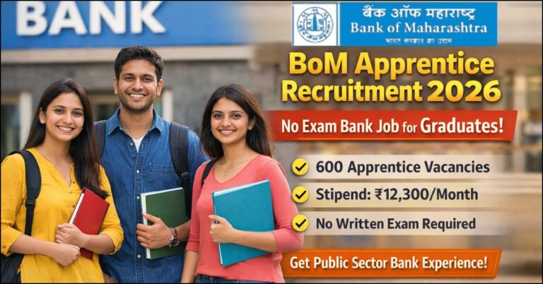 Bank of Maharashtra BoM Apprentice Recruitment 2026 banner showing 600 vacancies for graduates with no written exam and 12300 stipend info.