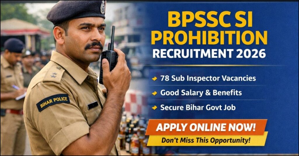 बिहार पुलिस BPSSC SI Prohibition भर्ती 2026 का विज्ञापन पोस्टर, जिसमें वर्दीधारी पुलिस अधिकारी, 78 सब-इंस्पेक्टर रिक्तियां, अच्छी सैलरी और 'अभी ऑनलाइन आवेदन करें' का बटन दर्शाया गया है।