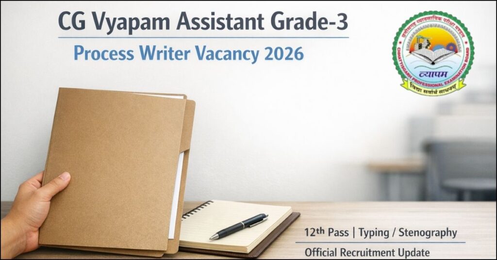 CG Vyapam Assistant Grade-3 Process Writer Vacancy 2026 official recruitment poster featuring a hand holding a file and notebook on a desk, highlighting the requirement for 12th pass and typing/stenography skills.