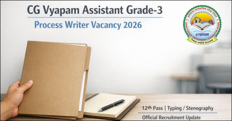 CG Vyapam Assistant Grade-3 Process Writer Vacancy 2026 official recruitment poster featuring a hand holding a file and notebook on a desk, highlighting the requirement for 12th pass and typing/stenography skills.