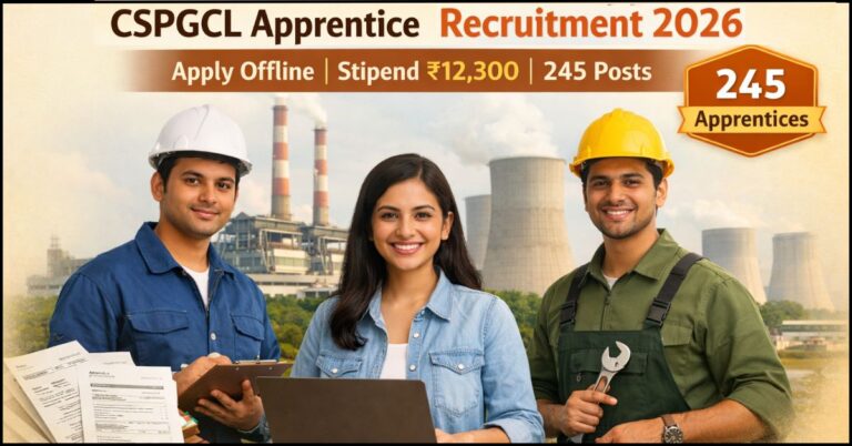 CSPGCL Apprentice Recruitment 2026 notification poster showing 245 vacancies and ₹12,300 monthly stipend details.