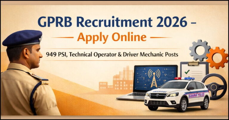 GPRB Recruitment 2026 notification for 949 PSI, Technical Operator, and Driver Mechanic vacancies in Gujarat Police.