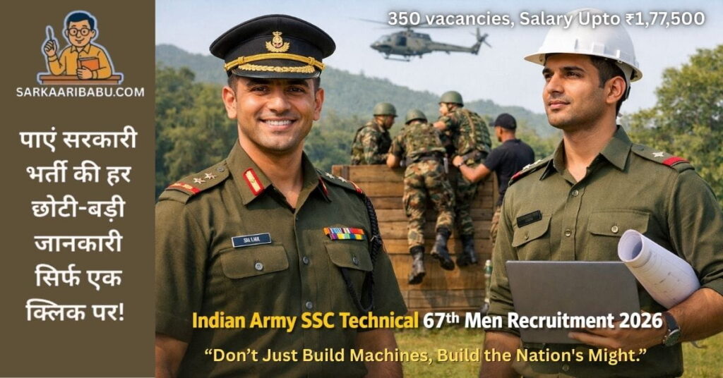 Indian Army SSC Technical 67th Men Recruitment 2026 का नोटिफिकेशन पोस्टर। इसमें एक आर्मी ऑफिसर और इंजीनियर दिख रहे हैं। टेक्स्ट में 350 vacancies, Salary ₹1,77,500 और स्लोगन "Don't Just Build Machines, Build the Nation's Might" लिखा है। SarkaariBabu.com की तरफ से अपडेट।