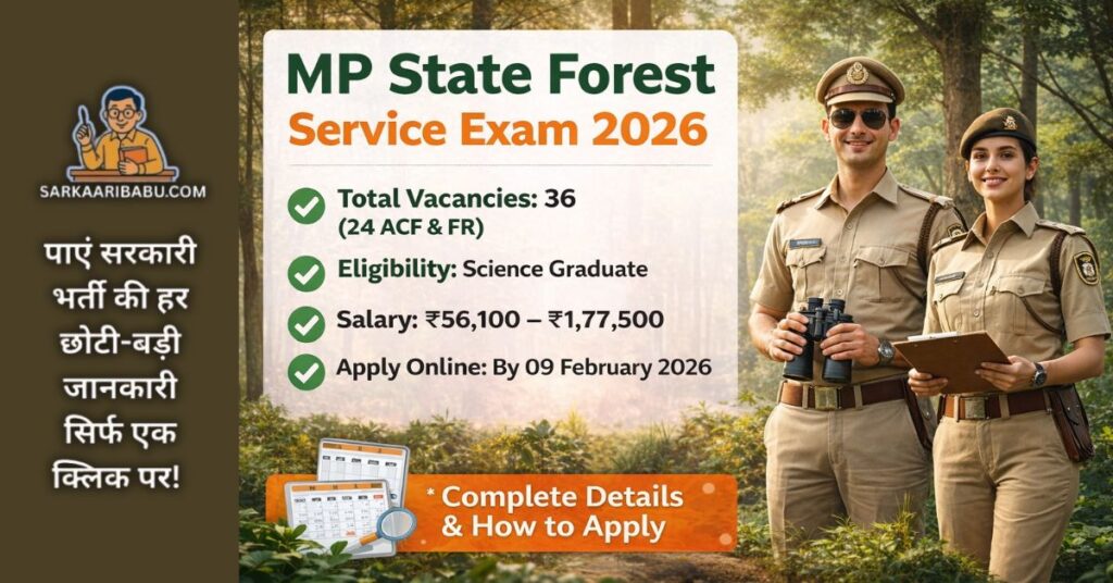 Infographic showing MP State Forest Service Exam 2026 notification details on SarkaariBabu.com, including 36 total vacancies for ACF and Forest Ranger, science graduate eligibility, salary range ₹56,100 – ₹1,77,500, and online application deadline of 09 February 2026, with two officers in uniform and forest background.