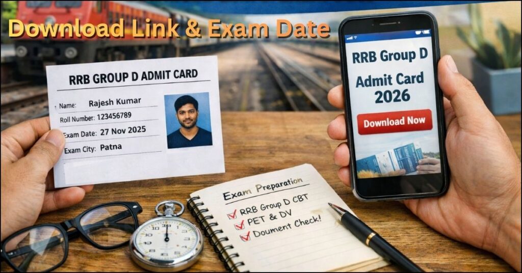 RRB Group D Admit Card 2026 download link showing exam date, city, and preparation checklist for CBT and PET.
