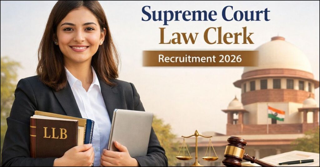 "Professional female lawyer holding LLB book in front of Supreme Court Law Clerk Recruitment 2026."