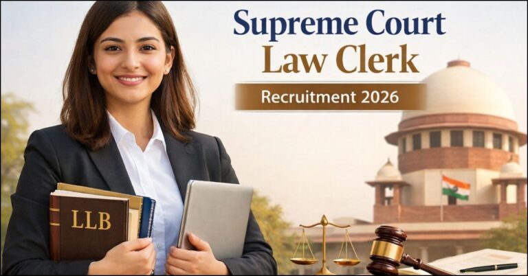 "Professional female lawyer holding LLB book in front of Supreme Court Law Clerk Recruitment 2026."