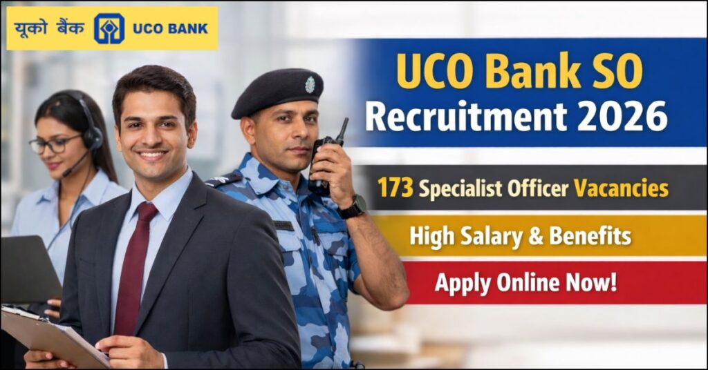 UCO Bank SO Recruitment 2026 banner showing 173 Specialist Officer vacancies with high salary benefits and apply online call to action.