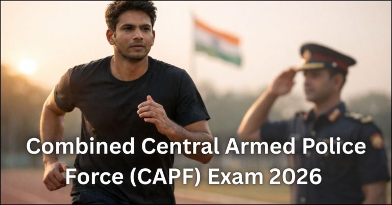 "UPSC CAPF 2026 Recruitment Assistant Commandant exam preparation showing a candidate running and an officer saluting in the background."