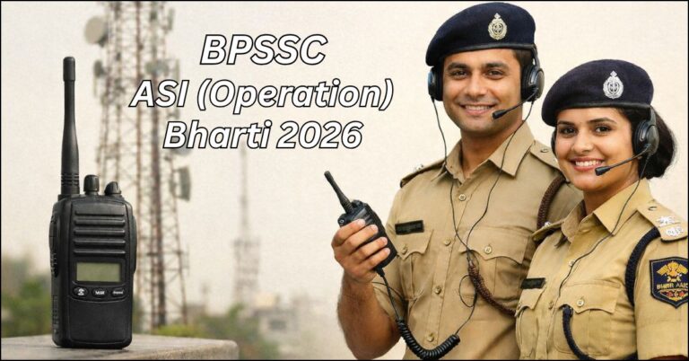BPSSC Bihar Police ASI (Operation) Bharti 2026 recruitment poster featuring police officers in uniform with communication gear.