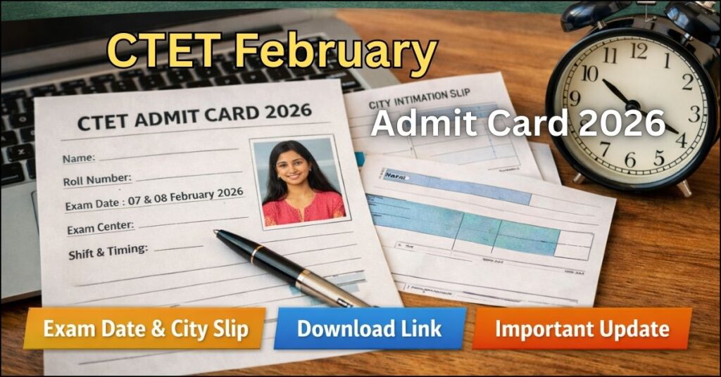Mockup of CTET February Admit Card 2026 and City Intimation Slip with exam dates February 7 and 8.