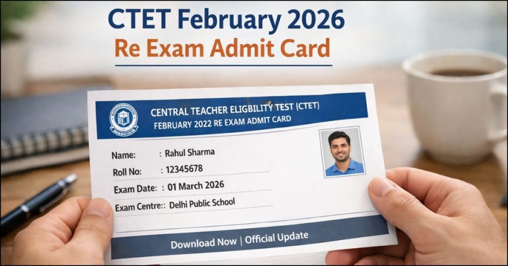 A person holding an official-looking physical CTET February 2026 Re Exam admit card for a candidate named Rahul Sharma, displayed over a desk with a laptop and coffee cup. Text at the top and bottom announces the admit card availability and download link.