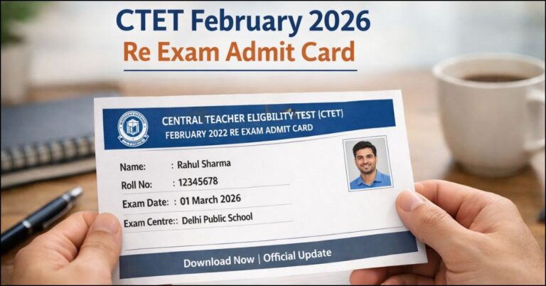 A person holding an official-looking physical CTET February 2026 Re Exam admit card for a candidate named Rahul Sharma, displayed over a desk with a laptop and coffee cup. Text at the top and bottom announces the admit card availability and download link.