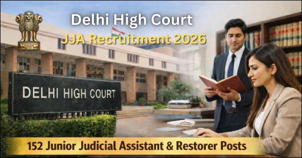 Delhi High Court JJA Recruitment 2026 announcement for 152 Junior Judicial Assistant and Restorer posts with professionals in a law library background.