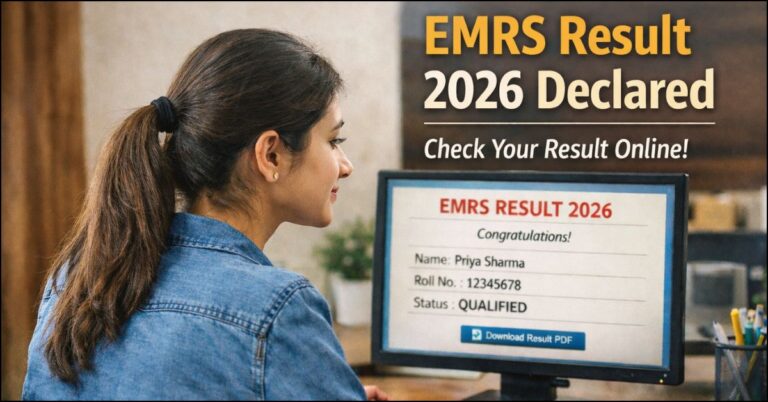A female candidate checking EMRS Teaching Non Teaching Result 2026 on a computer screen showing 'Qualified' status.