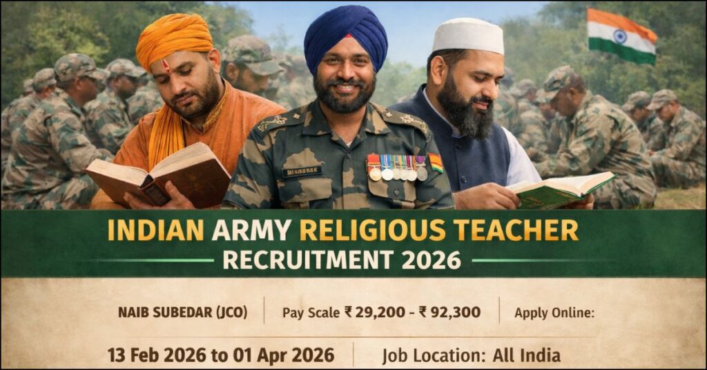 "Official poster of Indian Army Religious Teacher Recruitment 2026 for Naib Subedar JCO posts showing eligibility, salary, and apply dates."