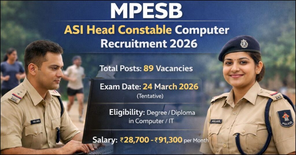 MPESB ASI Head Constable Computer Recruitment 2026 notification detailing 89 vacancies, salary up to ₹91,300, and exam date March 24, 2026.