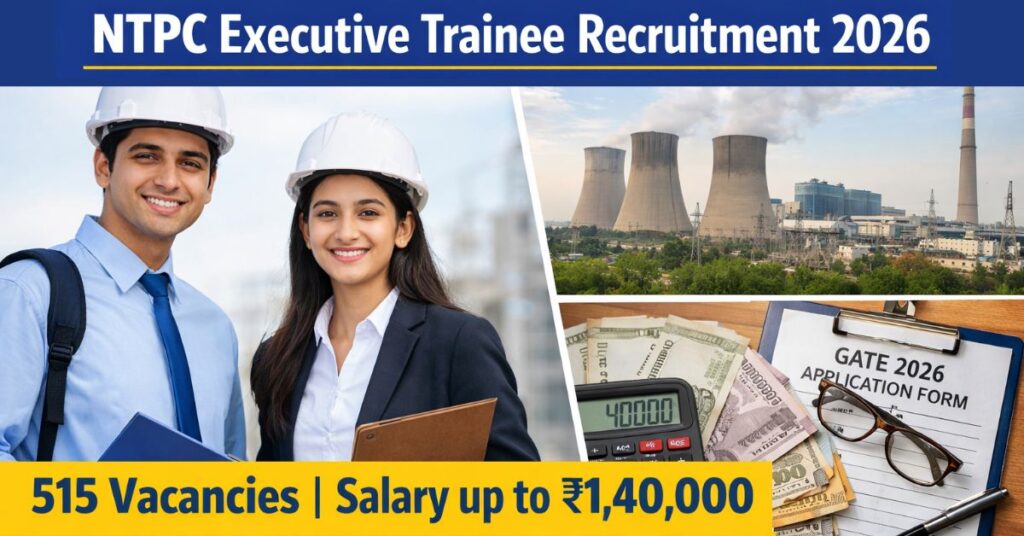 NTPC Executive Trainee Recruitment 2026 notification with 515 vacancies, salary details, and GATE 2026 application form reference.
