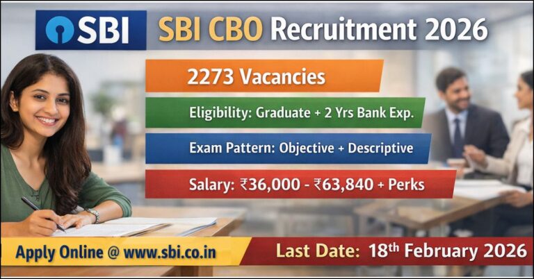 SBI CBO Recruitment 2026 notification showing 2273 vacancies, eligibility criteria, and last date to apply online.