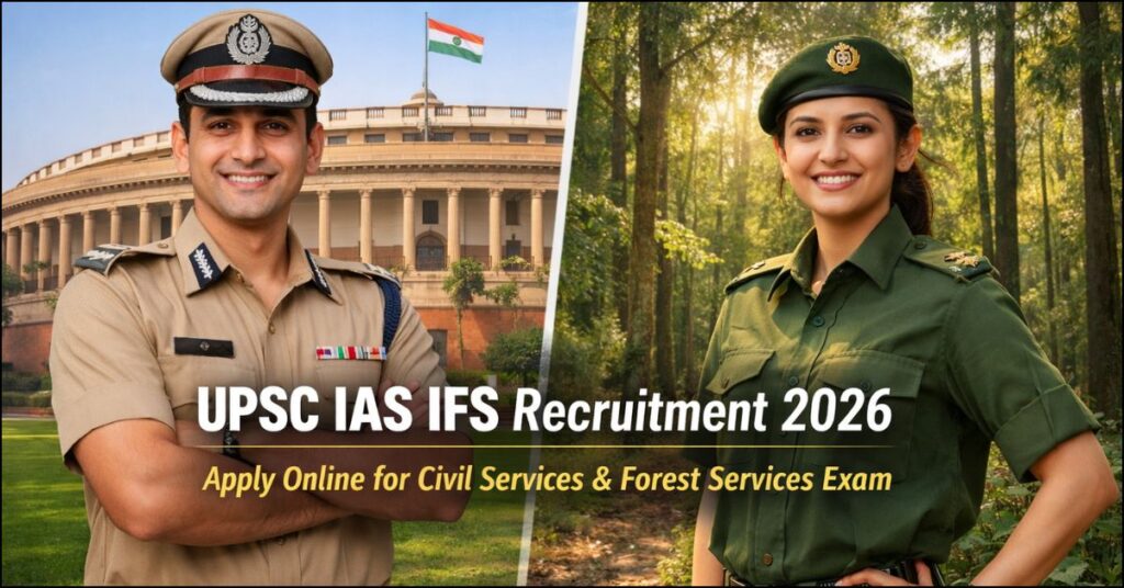 UPSC IAS IFS (Civil Services and Indian Forest Service) Exam 2026 notification banner featuring officers in uniform with the Indian Parliament in the background.