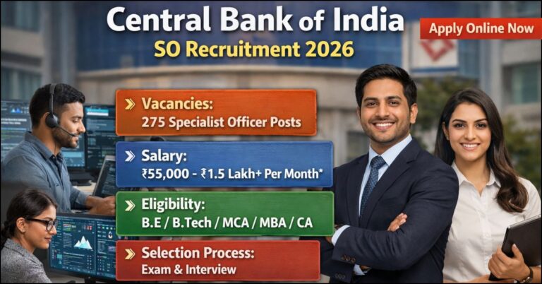 Central Bank of India SO Recruitment 2026 notification detailing 275 vacancies, salary up to 1.5 Lakh, and eligibility criteria for IT, MBA, and CA professionals.