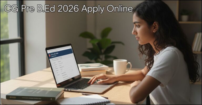 A female student applying online for CG Vyapam Pre BEd Entrance Exam 2026 on a laptop - Sarkaaribabu.com