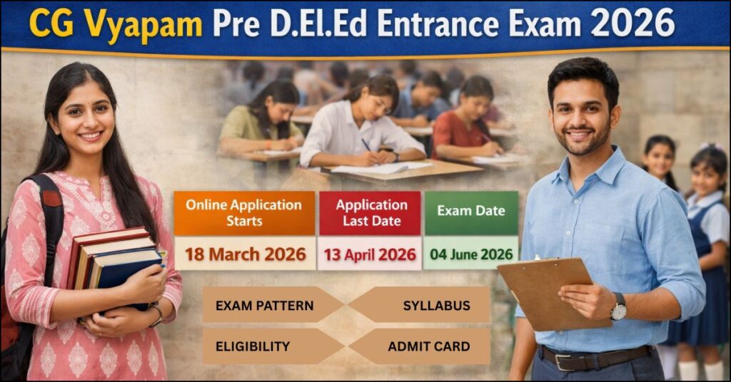 CG Vyapam Pre DElEd Entrance Exam 2026 notification showing application start date 18 March, last date 13 April, and exam date 04 June with sections for syllabus, eligibility, and exam pattern.