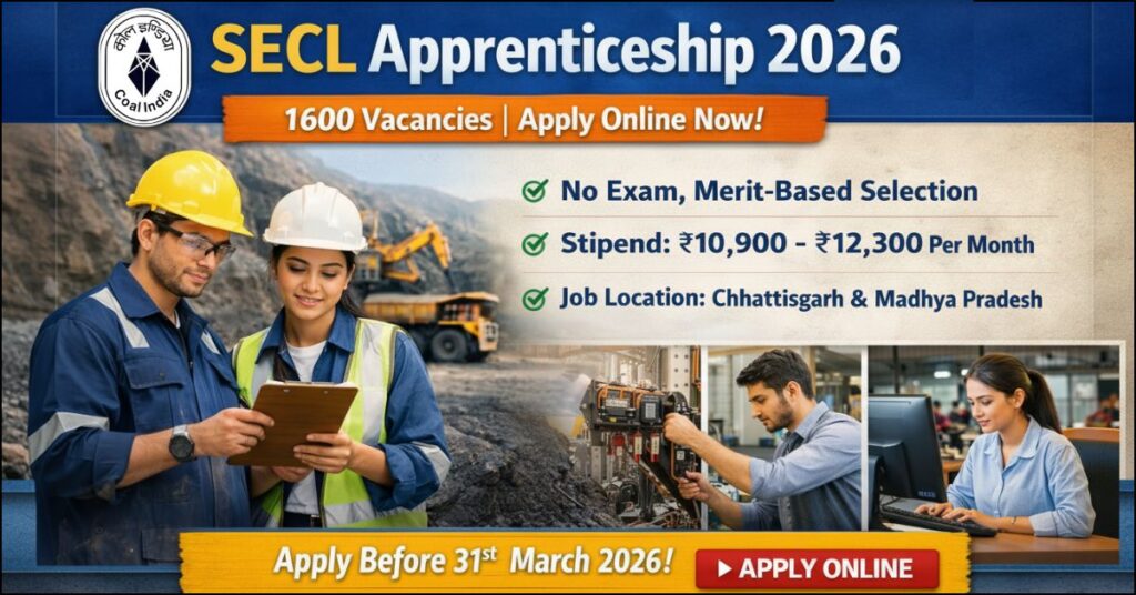 SECL Apprenticeship 2026 Notification for 1600 Vacancies, featuring Graduate and Technician Apprentice recruitment for 2026-27 with no exam and merit-based selection.