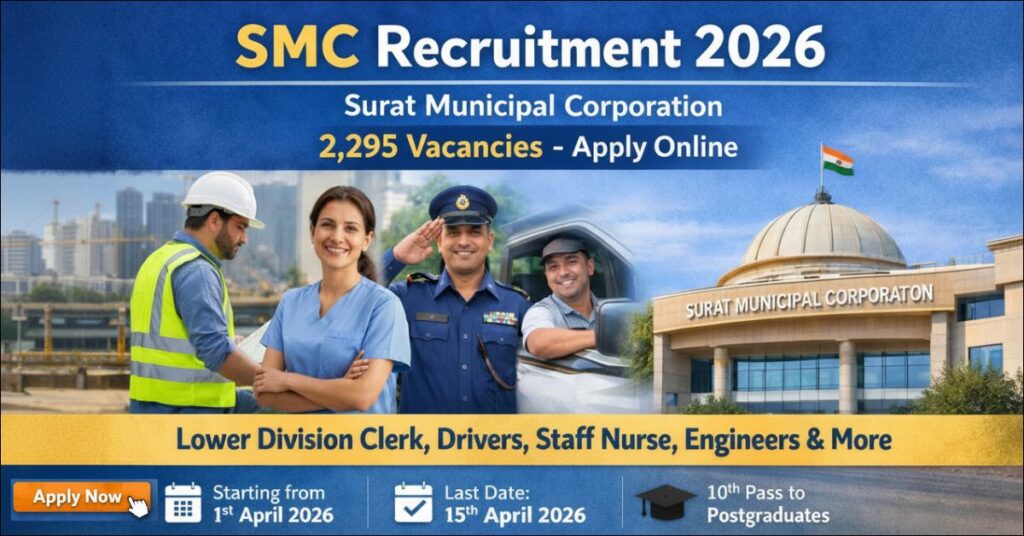 SMC Recruitment 2026 for 2295 Vacancies in Surat Municipal Corporation, including Lower Division Clerk, Driver, Staff Nurse, and Engineers posts.