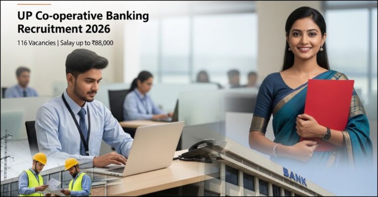 UP Co-operative Banking and Technical Services Recruitment 2026 feature image showing bank professionals and engineers with 116 vacancies and 88000 salary text.