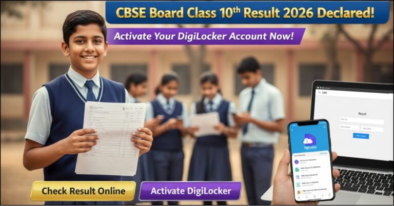 "CBSE Board Class 10th Result 2026 declaration announcement with students holding marksheets and DigiLocker mobile app activation steps."
