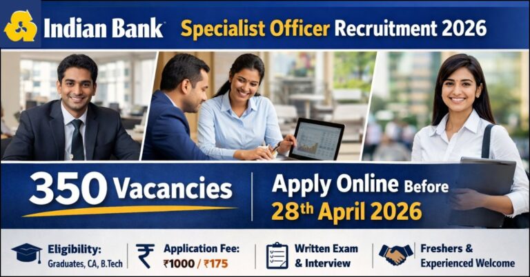 Indian Bank Specialist Officer SO Recruitment 2026 notification banner showing 350 vacancies for Graduates, CA, and B.Tech candidates with a deadline of 28th April 2026.